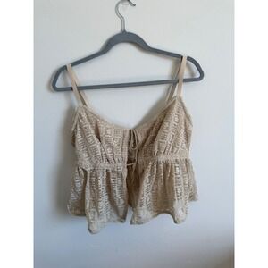Aerie Real Good Lace Babydoll Cami Top Cream Beige Boho Front Tie XL NEW